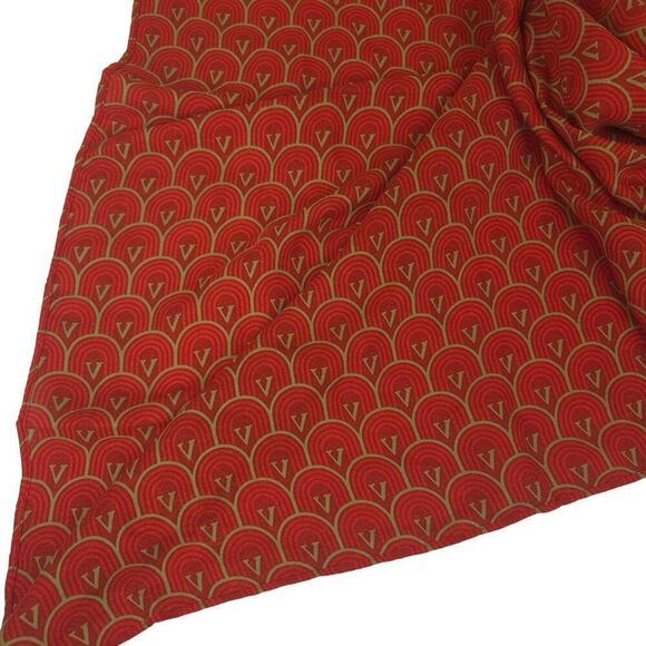 Vintage Valentino Orange Red Gold Scarf V Scallop Design Logo Square Polyester - Picture 2 of 4